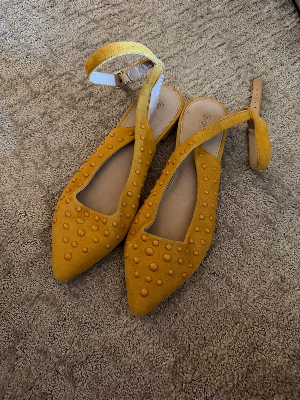 Farylrobin Mustard Yellow Studded Pointed-Toe Ankle-Strap Flats